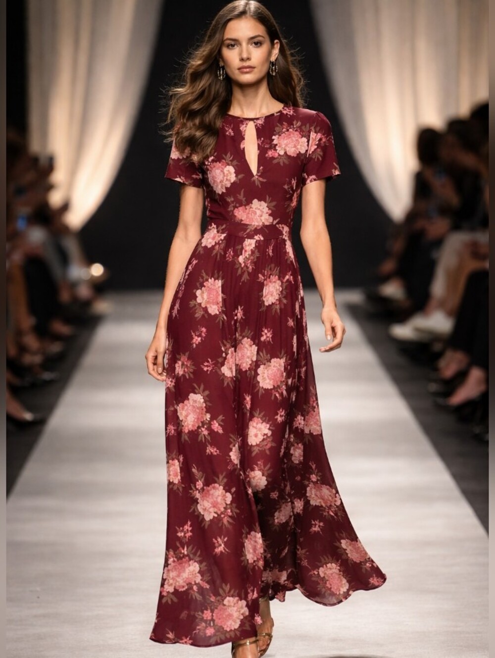 Women's Floral Keyhole Maxi Dress in Burgundy with Pink Blooms